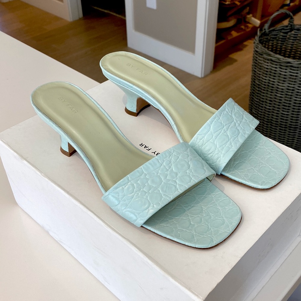 By Far Freddy Sandals Crocodile Embossed Blue Mules